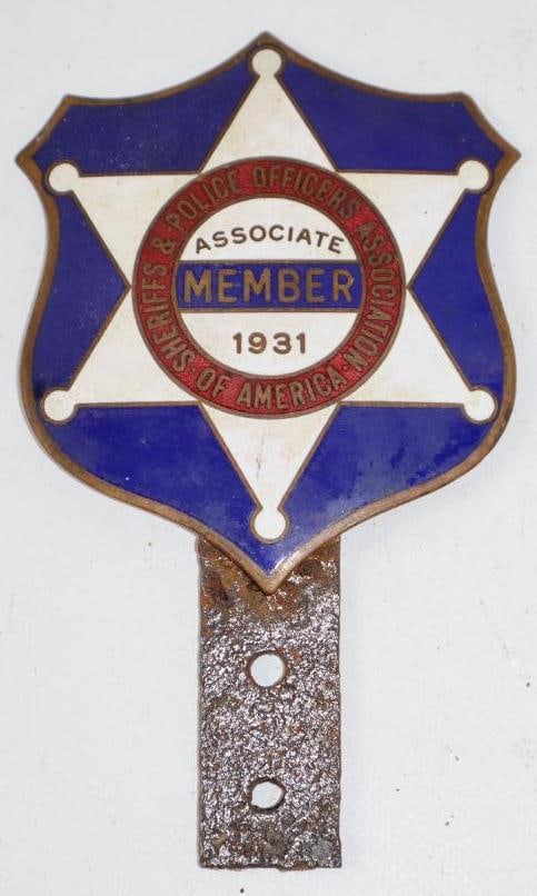1931 Police and Sheriffs Association of America Member License Plate Topper: cloisonne, 3.5" x 5.75"