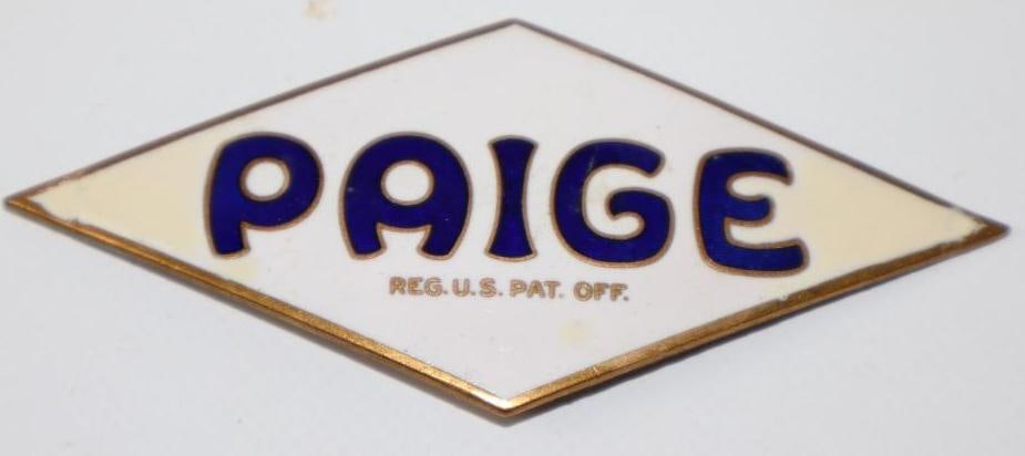 1919-1927 Paige Motor Car Co Radiator Emblem Badge: cloisonne, 4" x 1.75"