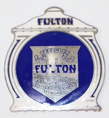 1920-1925 Fulton Motor Car Co Radiator Emblem Badge: cloisonne, this is a high quality reproduction, 2.5" x 2.75"