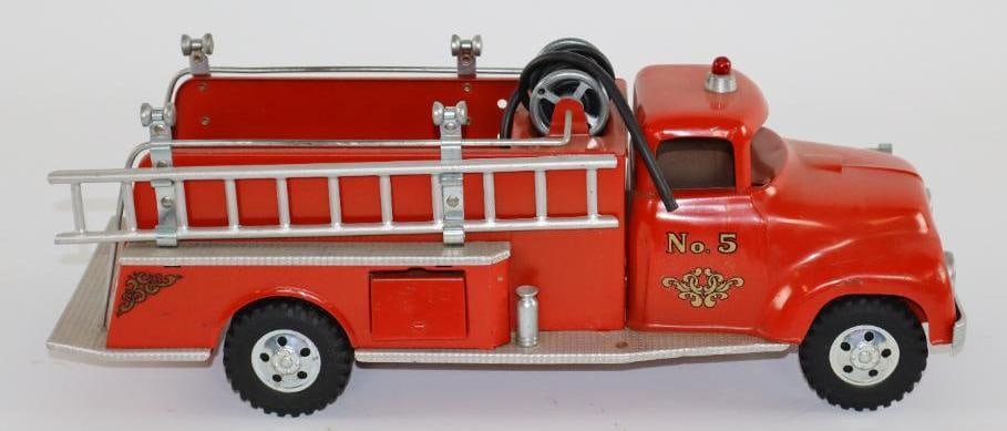 1950's-1960's Tonka Pressed Steel No. 5 Fire Department Ladder Truck: has nice original paint and decals, missing one ladder, 17"