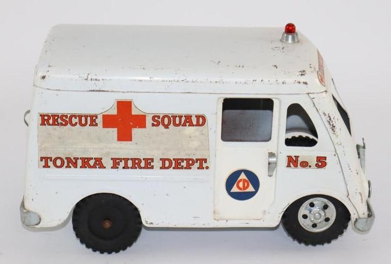 1950's-1960's Tonka Pressed Steel Rescue Squad Fire Department Ambulance: has nice original decal, missing 3 hubcaps, 12"