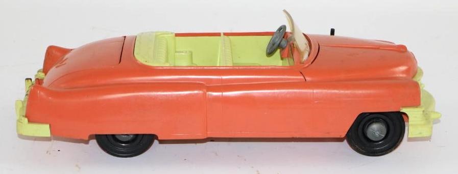 1950's Ideal Pink Cadillac Coupe Convertible Car: hood, trunk, and gas doors all open, 13"