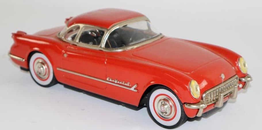 1957 Fuji Red Corvette Friction Tin Toy Car from Japan: nice original paint, 10"