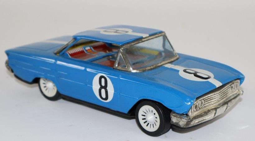 1960's Blue Sedan #8 Wind Up Tin Toy Car from Japan (1 of 3)