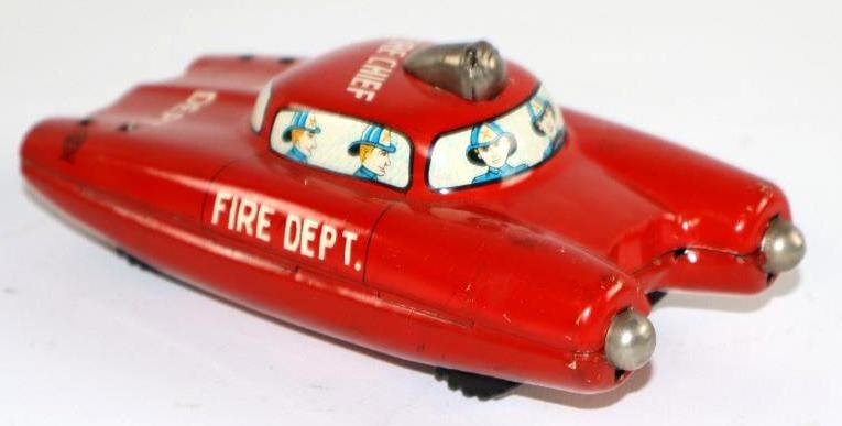 1950's-1960's Line Mar Toys Fire Chief Futuristic Friction Litho Tin Toy Car from Japan (1 of 3)