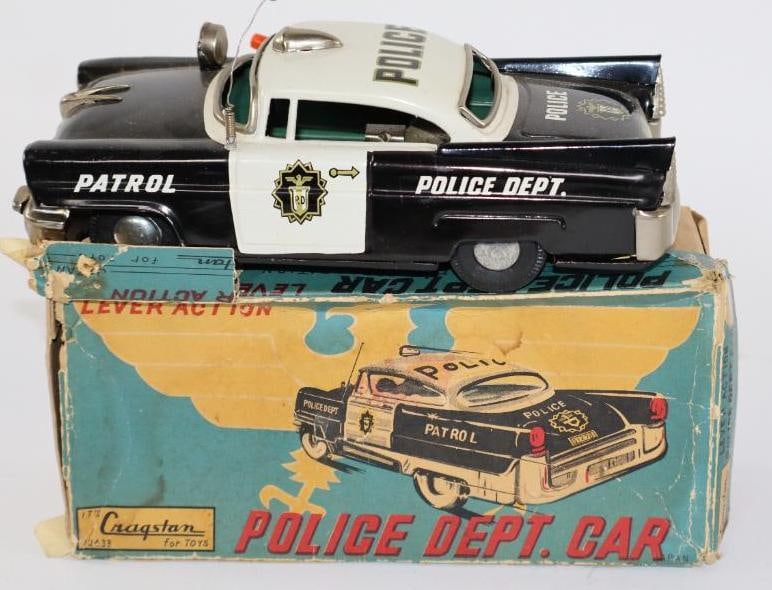 1950's Cragston Police Friction Tin Toy Car w/ Box: 8"