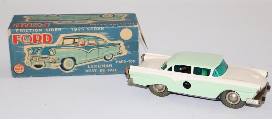 1955 Line Mar Toys Ford Sedan Friction Siren Tin Toy Car w/ Box (1 of 3)