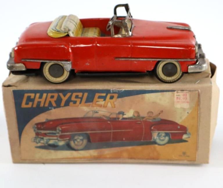 1950's Sato Chrysler Coupe Convertible Friction Tin Toy Car w/ Box: 10.5"