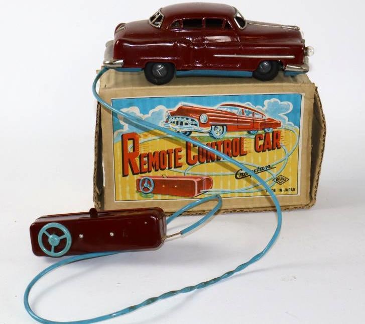 1940's Cragstan Sedan Battery Operated w/ Remote Control Tin Toy Car w/ Box (1 of 3)