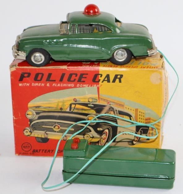 1950's Line Mar Toys Policecar w/ Siren & Flashing Dome Light Battery Operated w/ Remote Control Tin (1 of 3)