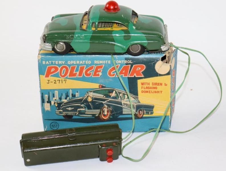 1950's Line Mar Toys Policecar w/ Siren & Flashing Dome Light Battery Operated w/ Remote Control Tin (1 of 3)