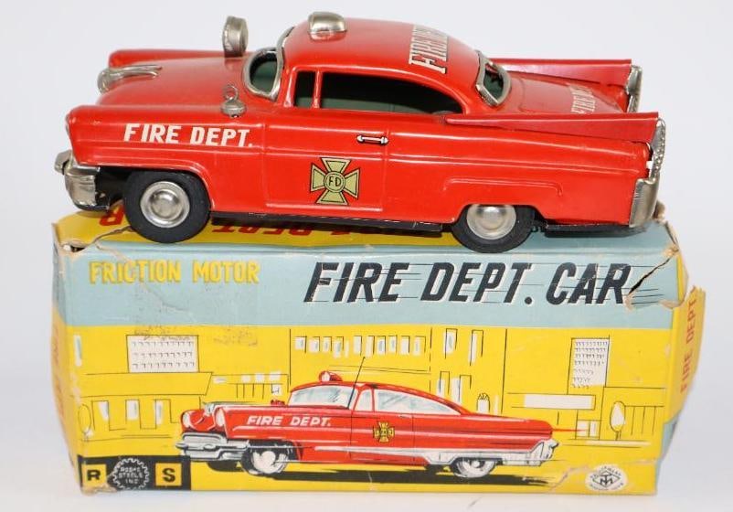 1950's Masudaya Fire Dept Coupe Friction Tin Toy Car w/ Box (1 of 3)