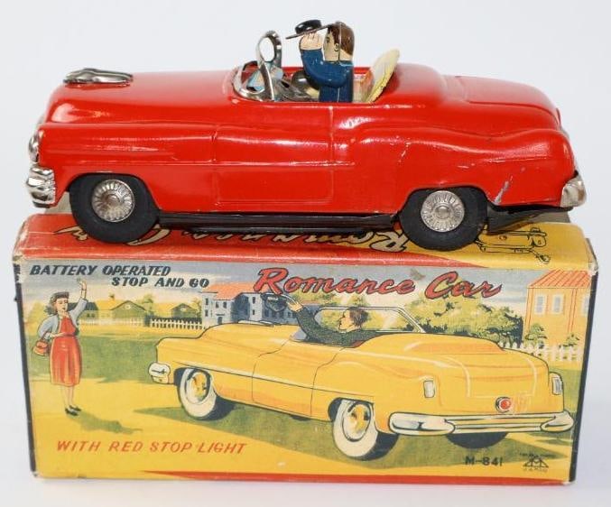 1950's Mitsuhasi Stop and Go Romance Car Coupe Battery Operated Tin Toy Car w/ Box: 8.5"