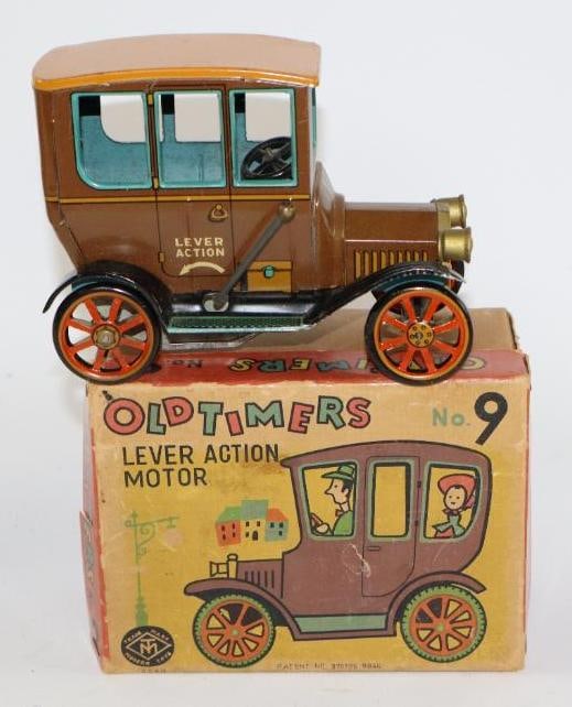 Masudaya Old Timer Lever Action Motor Friction Litho Touring Car Tin Toy Car w/ Box (1 of 3)