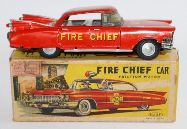 1960's Haji Fire Chief Friction Tin Toy Car w/ Box (1 of 3)