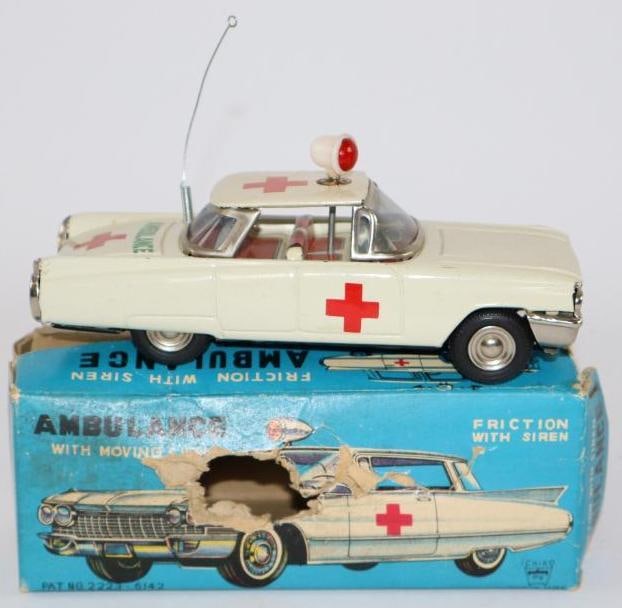 1950's Chiko Ambulance w/ Siren Friction Tin Toy Car w/ Box: 6.5"