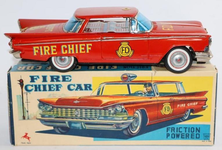 1960's Ichiko Fire Chief Sedan Friction Tin Toy Car w/ Box (1 of 3)