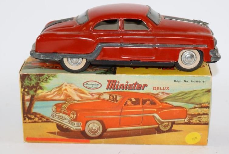 1950's Minister Delux Mechanical and Automatic Sedan Friction Tin Toy Car w/ Box: 10"