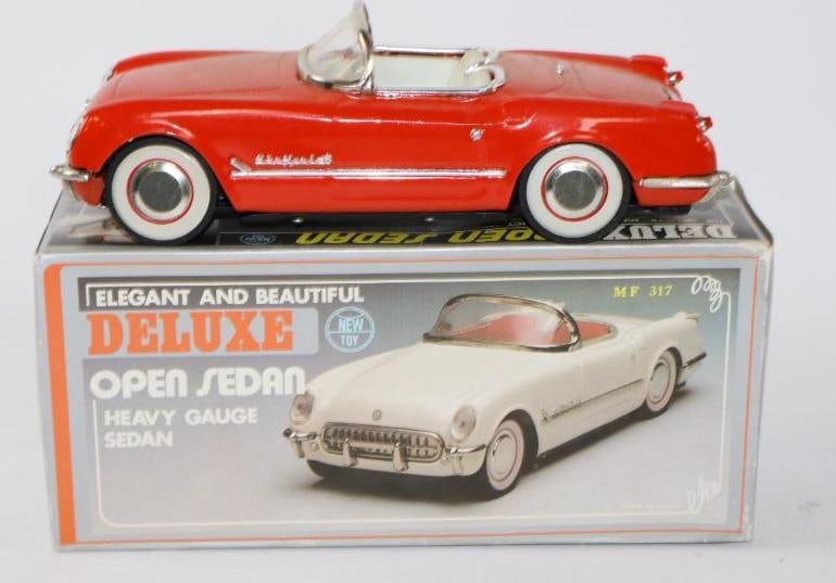 New Toy Deluxe Open Sedan Heavy Guage Corvette Friction Tin Toy Car w/ Box: 10.5"