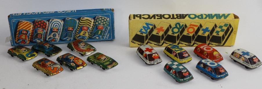 Group of 12 Russian Made Friction Tin Toy Cars w/ Boxes: largest 11.25"
