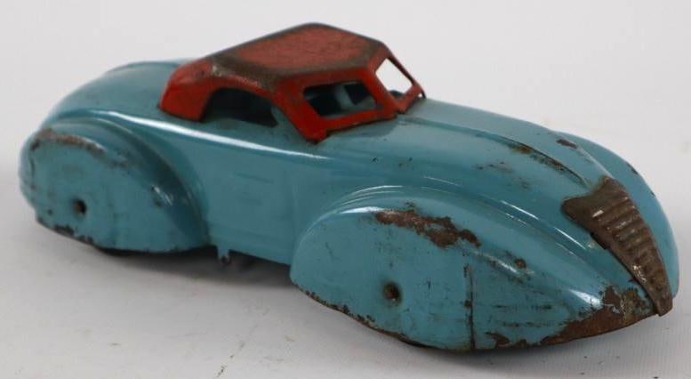 1930's Blue Coupe w/ Wooden Wheels Tin Toy Car (1 of 3)