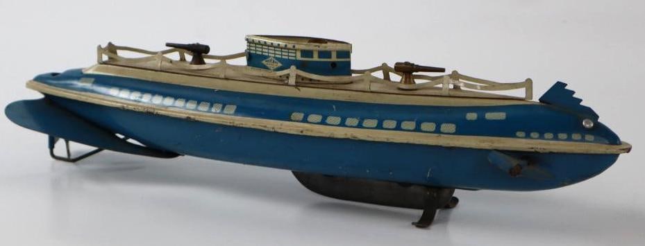 1940's-1950's Wolverine Blue Wind Up Friction Litho Tin Toy Submarine from Japan (1 of 3)