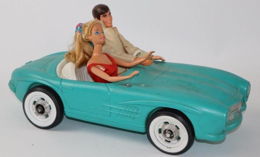 1960's Mattel Mercedes Benz Convertible w/Ken and Barbie: 18" missing windshield