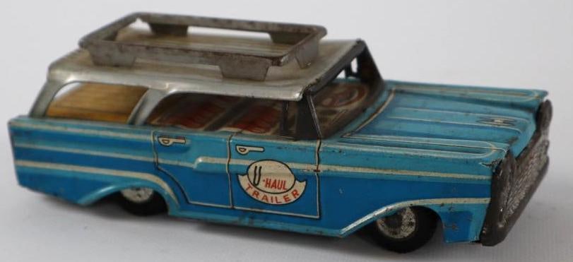 1950's -1960's Blue Station Wagon U Haul Trailer w/Roof Rack Friction Tin Toy Car (1 of 3)