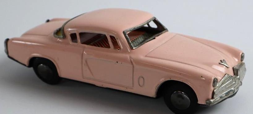 1950's -1960's Pink Coupe Friction Tin Toy Car From Japan: 8" friction mechanism is broken & one rear wheel is damaged