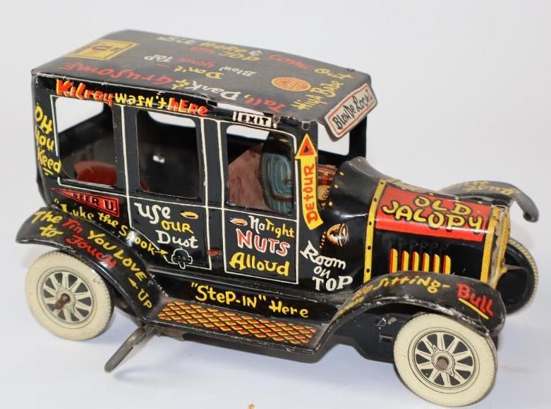 1920's Old Jalopy Wind Up Tin Toy Car by Marx: 7". The wind-up mechanism is not in working order.