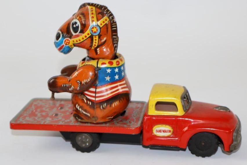 1950's Bandwagon Flatbed Truck w/ Drumming Horse Friction Tin Toy Car (1 of 3)