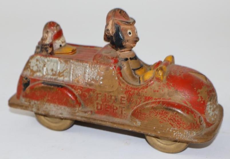 1930's Mickey Mouse Fire Dept Rubber Fire Truck w/ Donald Duck (1 of 3)