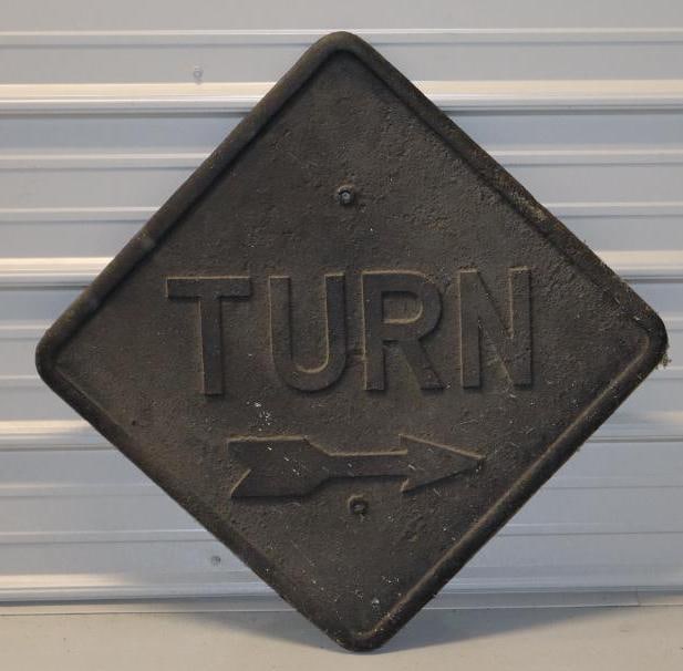 Embossed Turn w/ Directional  Arrow Cast Iron Street Sign (1 of 2)