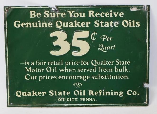 Donaldson Quaker State Oil Refining Company Advertising Tin Tacker 35 cent  Pricer Embossed (1 of 2)