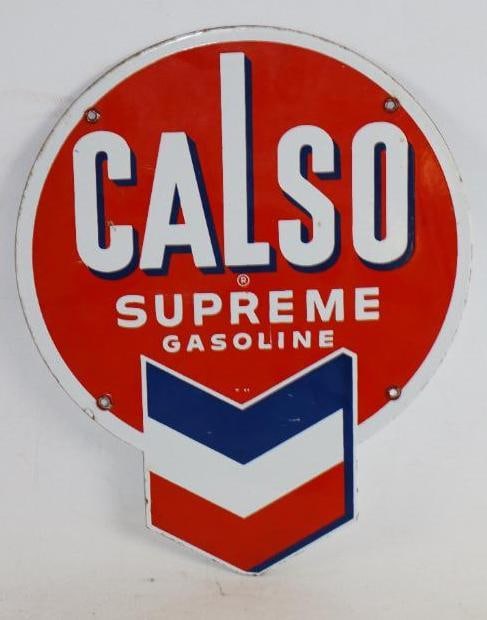 Standard Oil Co. of California Calso Supreme Gasoline Porcelain Gas Pump Sign (1 of 2)