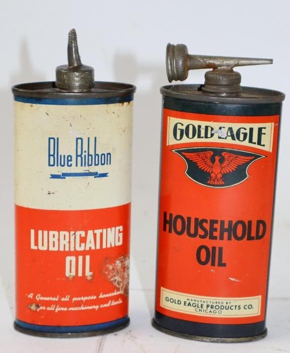 Group of 2 Blue Ribbon and Gold Eagle Oval Lead top Handy Oiler Cans (1 of 2)
