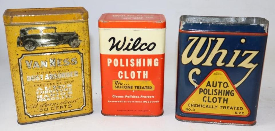 Group of 3 Auto Polishing Cloth Advertising Tins w/ Car Graphics (1 of 2)
