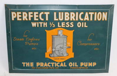 Perfect Lubrication Practical Oil Pump Tin Over Carboard Easel Back Advertising Sign