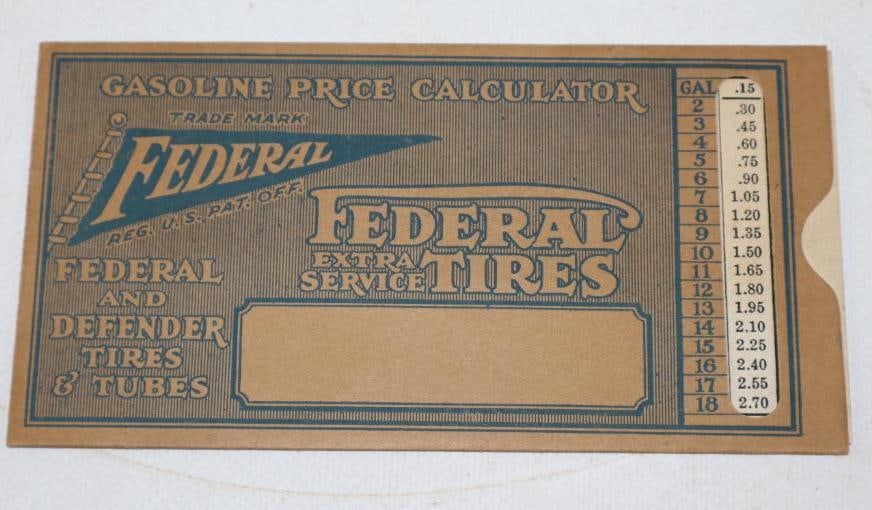 1926 Federal and Defender Extra Service Tires Gasoline Price Calculator (1 of 2)