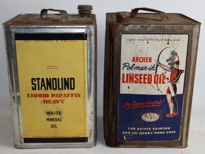 Group of  2, 5 Gallon Square Standard Oil Stanolind & Archer Oil Cans (1 of 4)