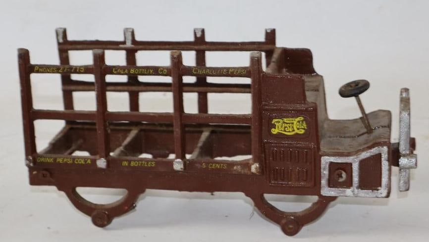 1920's Pepsi Cola Cast Iron Stake Bed Truck: 10.5"x5"x 3.5" missing all 4 wheels