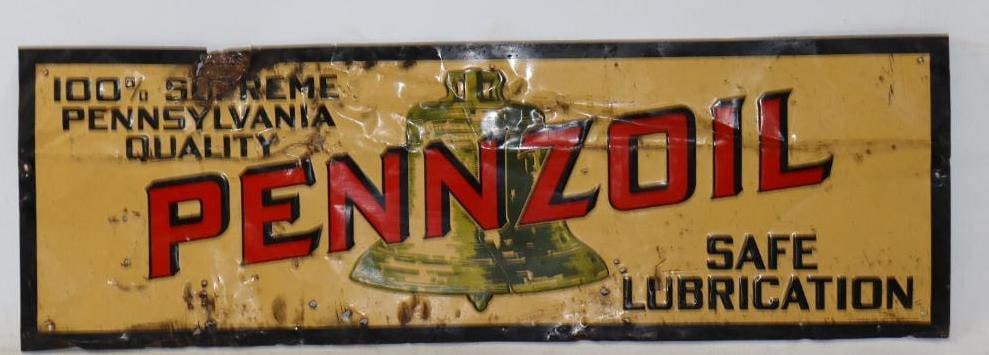 Embossed Pennzoil Safe Lubrication Tin Tacker Advertising Display Sign (1 of 2)