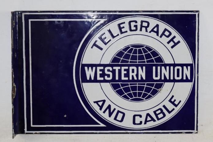 Double Sided Porcelain Western Union Telegraph & Cable Advertising Flanged Sign (1 of 2)