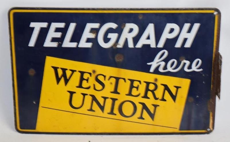 Double Sided Porcelain Western Union Telegraph & Here  Flanged Sign (1 of 2)