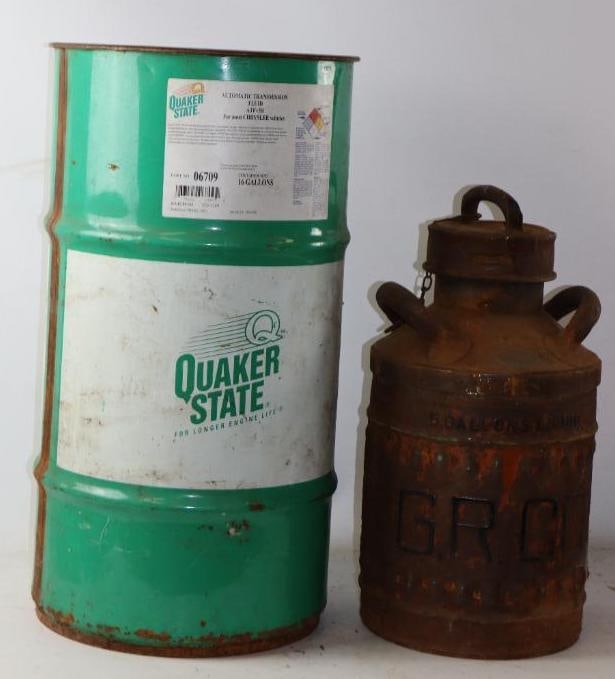 Group OF Two Quaker State 16 Gallon Drum And 5 Gallon Bulk Ellisco: 16 gallon 27" tall