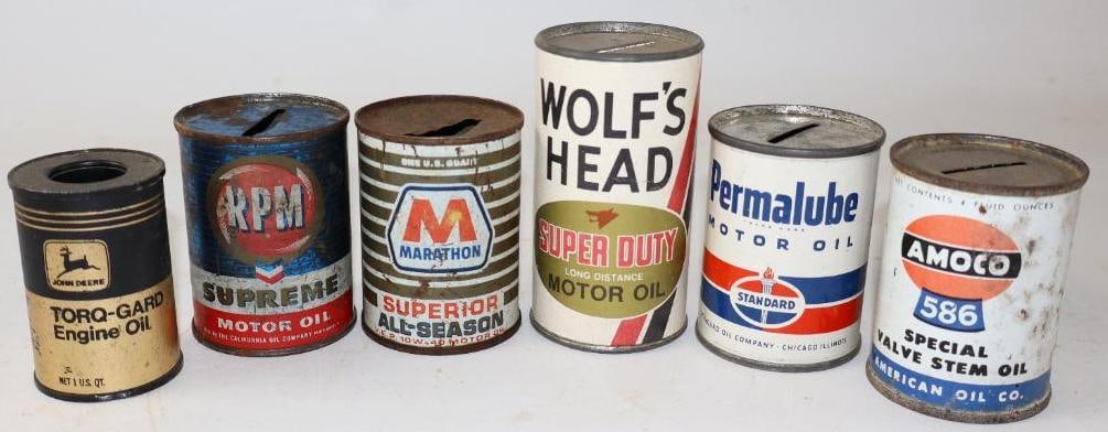 Group of 6 Different Oil Can Advertising Banks (1 of 2)
