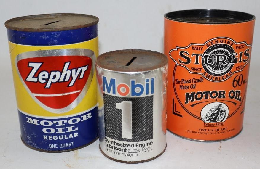 Group of 3 Oil Can Advertising Banks: 1 Qt Largest Zephyr, Mobil One, Sturgis