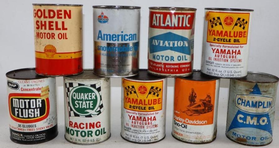 Group of 9 Different Metal 1 Qt. Oil Cans: Harley -Davidson, Atlantic, Yama lube, Amoco, Shell, Quaker State Racing
