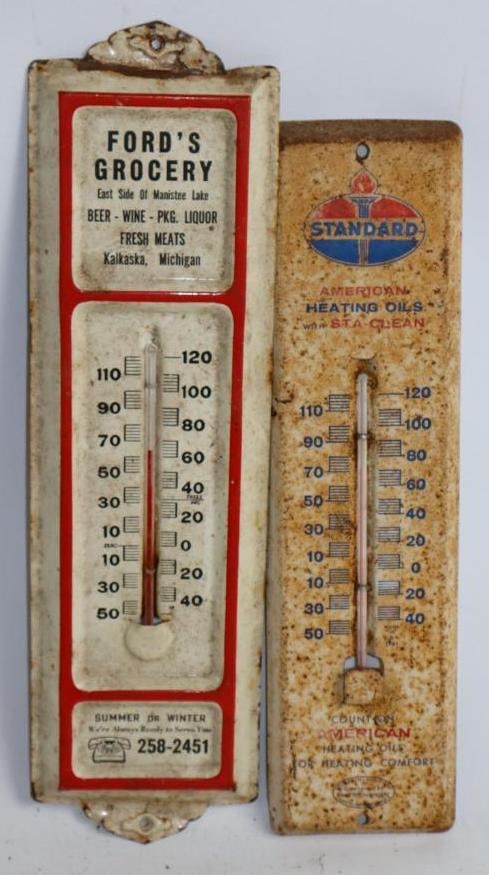 Group of Two Standard Heating Oil & Fords Grocery Advertising Thermometer (1 of 2)