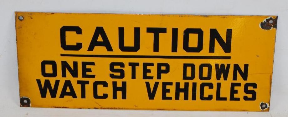 Single Sided Porcelain Caution One Step Down Watch Vehicles Warning Sign (1 of 2)